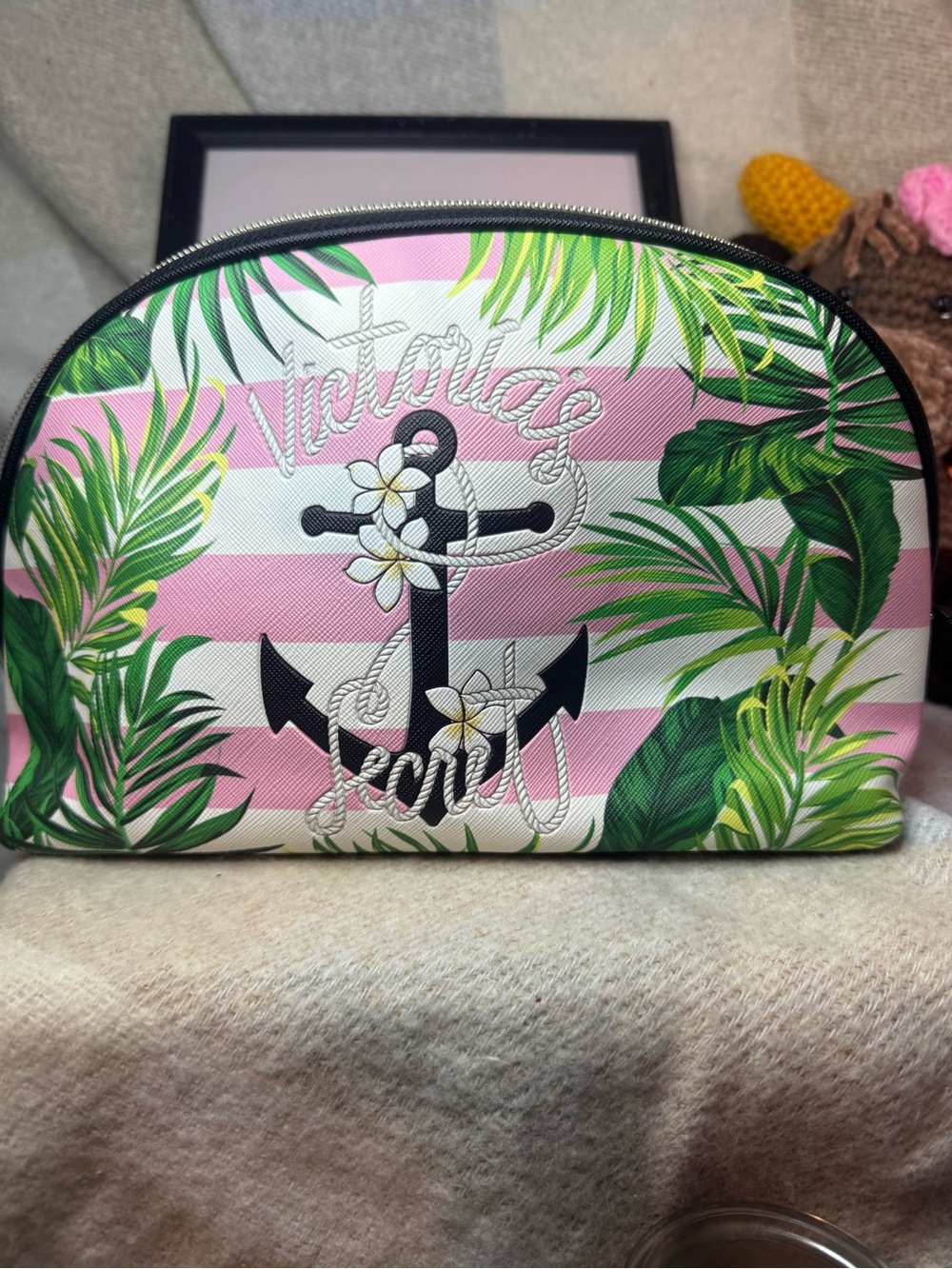 PINK Victoria's Secret Pink & White Striped Tropical Anchor Cosmetic Bag